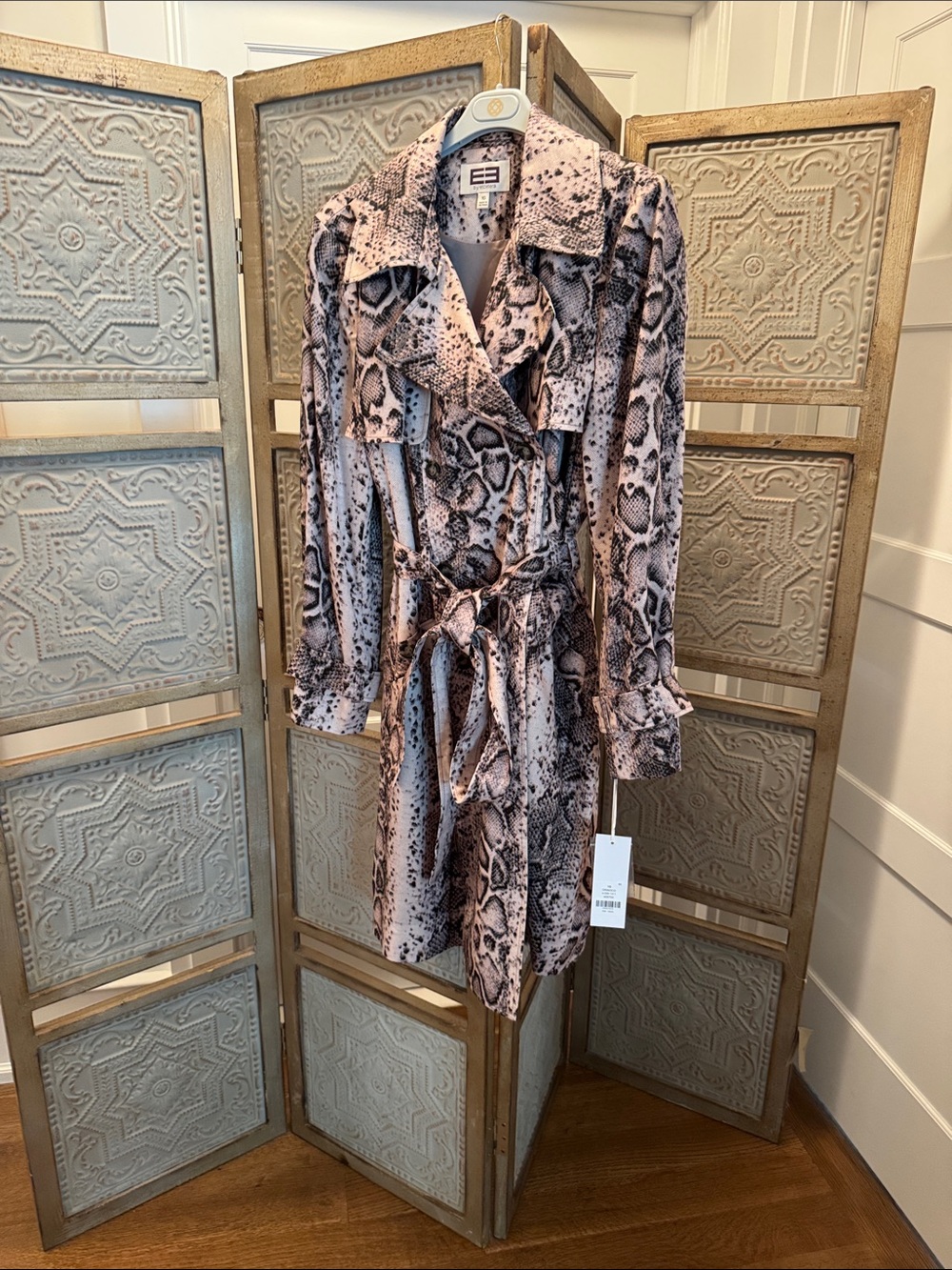 Etcetera Blush Snake-Print Belted Trench Coat